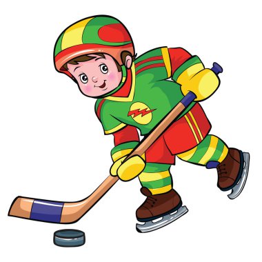 Çizgi filmdeki çocuk hokey oynuyor. Çocuk çizgili, patenli ve kasklı parlak bir üniforma giymiş ve elinde buz üzerindeki diskin yanında bir hokey sopası var. Bu görüntü spor ve çocuklarla ilgili konularla ilgili olabilir. 
