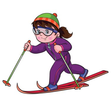 Çizgi çocuk kayağı. Çocuk mor bir kayak takımı, yeşil ve turuncu bir şapka ve gözlük takıyor. Elinde kayak sopaları var ve kayak yapıyor gibi görünüyor. Bu resim kış sporları, çocuk aktiviteleri veya kayak konularıyla ilgili olabilir