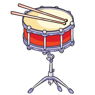 colorful illustration of a snare drum with drumsticks. The snare drum is mounted on a three-legged stand and has a red body with tension screws on the sides, indicating that it is adjustable. The drum head appears taut and ready to play, and two wood