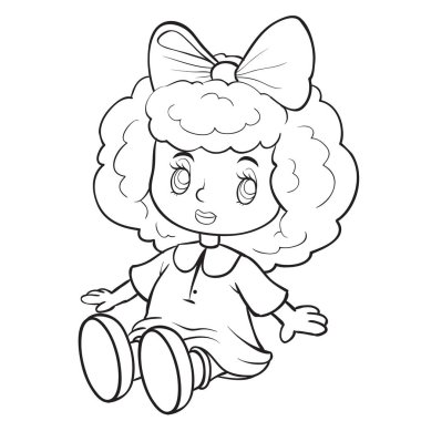 karakter oyuncağı ya da animasyon figürü. Karakterin geniş, detaylı gözleri ve gülümseyen bir ağzı var. Ona dostça bir görünüm veriyor. Kıvırcık saçlı, üstünde fiyonk var ve düğmeleri ve ayakkabıları olan bir elbise giyiyor. Matematik yok.