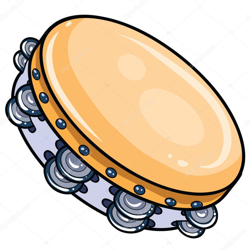 Tambourine, musical instrument. It has a round frame with a light brown top and dark brown sides, with many metal jingles (small plates) placed around the perimeter. The tambourine head may be made of leather or synthetic material. This image may be