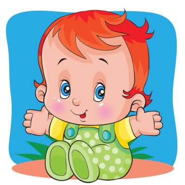 Kolları açık, kızıl saçlı ve mavi gözlü küçük bir çocuk. Çocuk yeşil pantolonla mavi arka planda çimenlerde oturuyor.