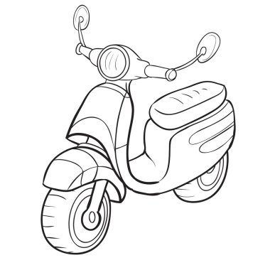 Doğrusal çizim şeklinde klasik bir scooter. Kenar görünümü, onun aerodinamik tasarımını vurgular. Ön tekerlek kanatlı, gidonu yan aynalı, ön farları ön, gövdesi ayaklıklarla ve arka babasıyla görülebilir.