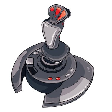Oyun konsolu ya da bilgisayar için joystick. Siyah aksanlı ve ergonomik tutuşu olan gri bir tabanı var. Kumandanın üstü kırmızı düğmelerle süslenmiş. Bu da birden fazla fonksiyonu ya da kontrolü olduğunu gösterir. Bu resim daha iç olabilir