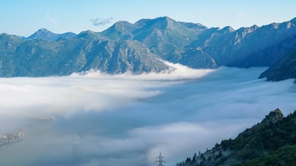 Las Nubes Mañana Cierne Sobre Bahía Kotor Montenegro Revelando Pintoresco — Vídeos de Stock
