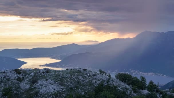 Včasný Západ Slunce Dešti Nad Přístavem Kotor Černé Hoře — Stock video