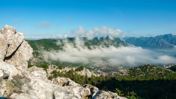 Una Vista Del Timelapse Del Amanecer Kotor Bahía Montenegros Cordillera — Vídeos de Stock