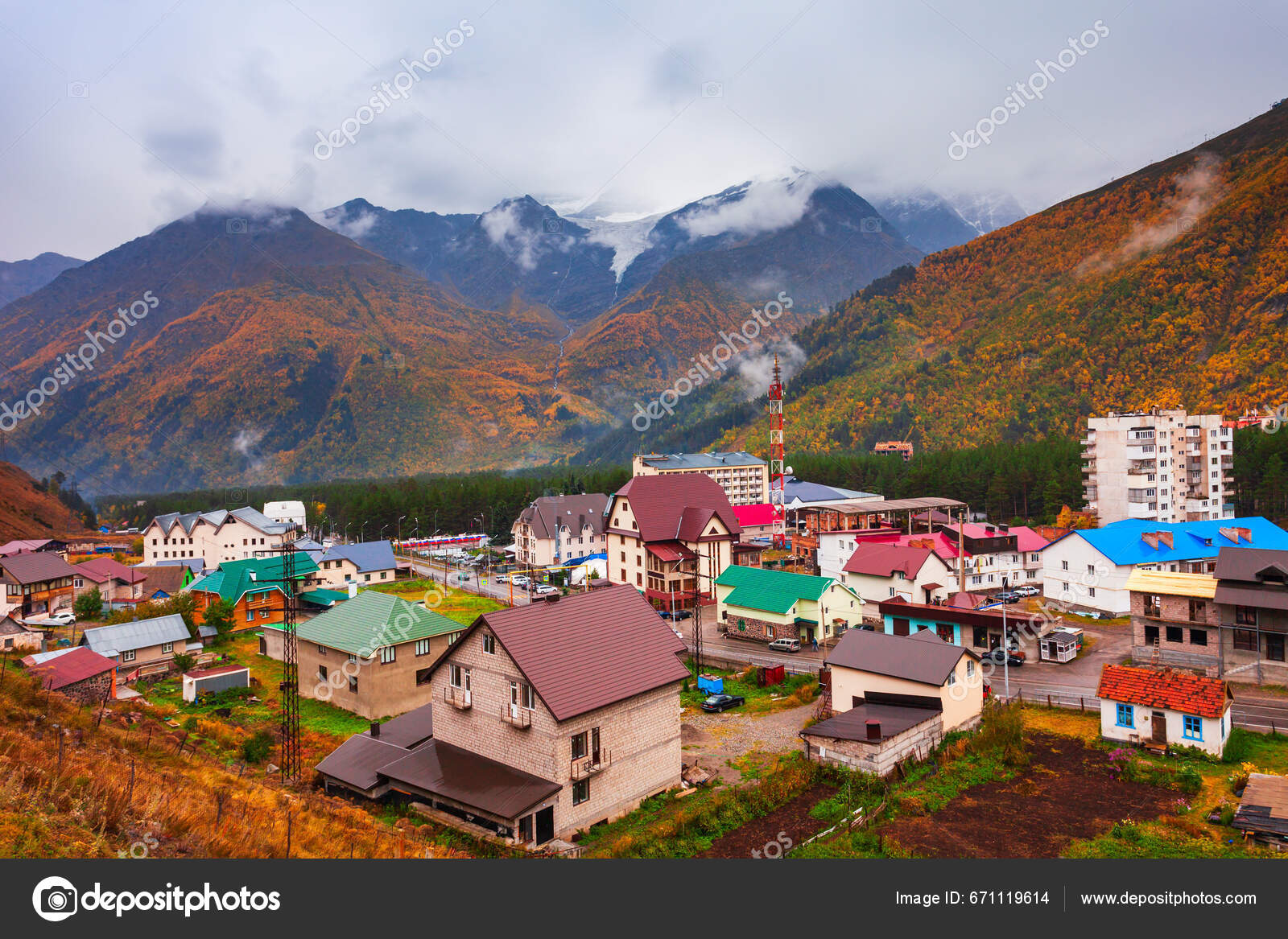 Terskol Aerial Panoramic View Terskol Village Located Foot Mount.
