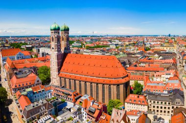 Frauenkirche aerial panoramic view. Frauenkirche or Cathedral of Our Dear Lady is a catholic church in Munich, Bavaria in Germany clipart