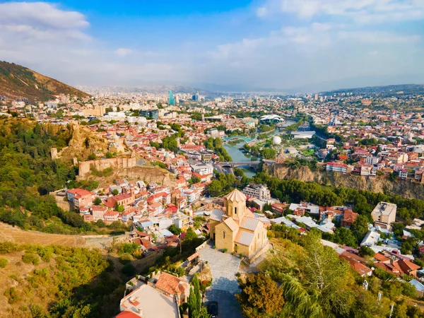 stock image Tabor Monastery of the Transformation aerial panoramic view in Tbilisi old town. Tbilisi is the capital and the largest city of Georgia on the banks of the Kura River.