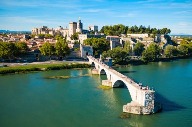 Pont Saint Benezet bridge and Rhone river aerial panoramic view in Avignon. Avignon is a city on the Rhone river in southern France. clipart