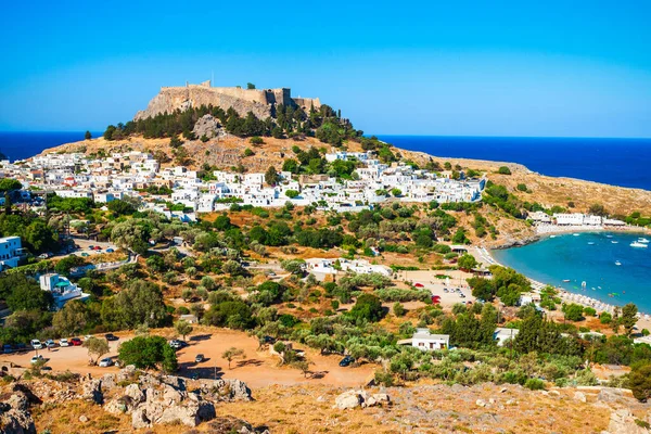 Acrópolis Lindos Vista Panorámica Playa Isla Rodas Grecia — Foto de Stock