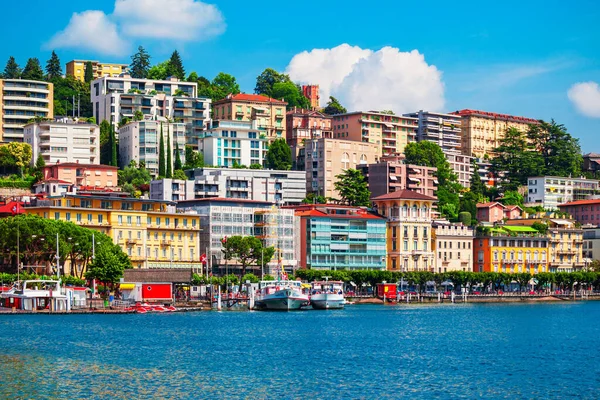 stock image Lugano lake and Lugano city panoramic view in canton of Ticino in Switzerland