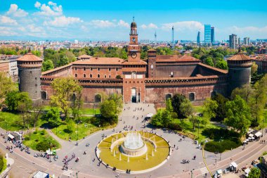 Sforza Castle or Castello Sforzesco aerial panoramic view. Sforza Castle is located in Milan city in northern Italy. clipart