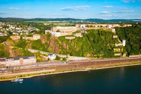 stock image Ehrenbreitstein Fortress aerial panoramic view in Koblenz. Koblenz is city on Rhine, joined by Moselle river.