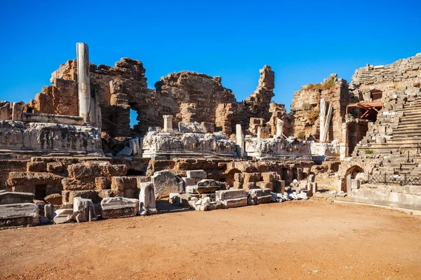 Boční Římské Divadlo Starobylém Městě Side Regionu Antalya Středomořském Pobřeží Stock Obrázky