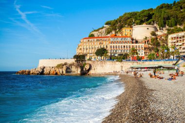 NICE, FRANCE - SEPTEMBER 25, 2018: Plage Blue Beach is a main beach in Nice city, Cote d'Azur region in France clipart