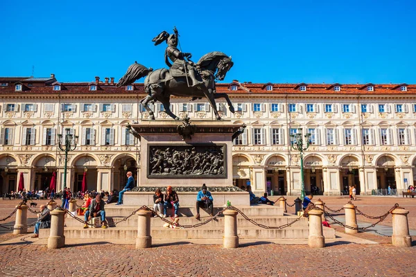 stock image TURIN, ITALY - APRIL 08, 2019: Piazza San Carlo is a main square in Turin city, Piedmont region of northern Italy