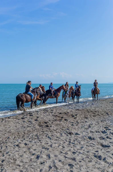 Policoro Italy Люди Верхи Конях Пляжі Полікоро Базиліката Південна Італія — стокове фото