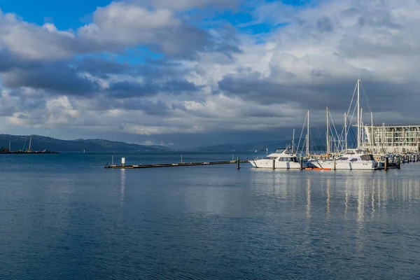 新西兰威灵顿 威灵顿港口 船只停泊在木制船柱上 新西兰惠灵顿 — 图库照片