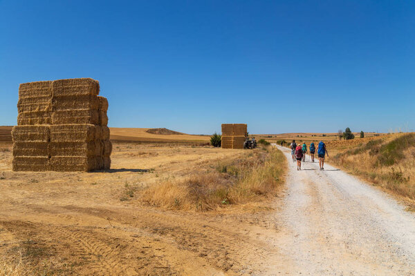 Navarre, Spain: Pilgrims walk along the Camino De Santiago, the Way of St. James pilgrimage route, Navarra, Spain.