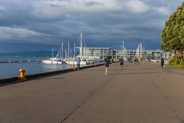 ニュージーランドのウェリントン 人々はウェリントン ウォーターフロントに沿って晴れた天気を楽しんでいます — ストック写真