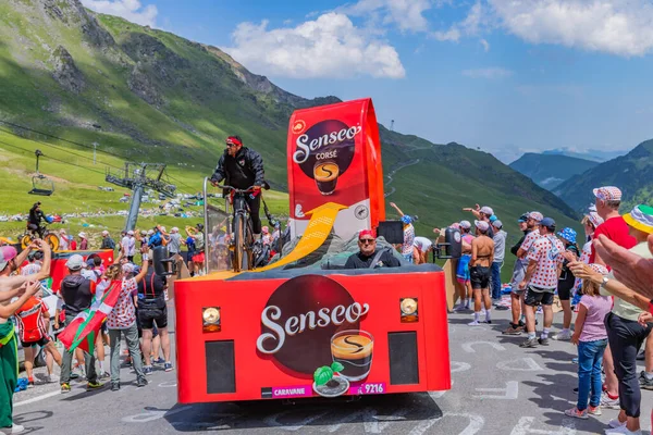 stock image Col du Tourmalet, France: Caravan car at the top of the Col du Tourmalet in Pyerenees mountains during the stage 6 of Le Tour de France 2023