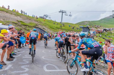 Col du Tourmalet, France: Team Astana climbig the road to Col du Tourmalet in Pyerenees mountains during the stage 6 of Le Tour de France 2023.