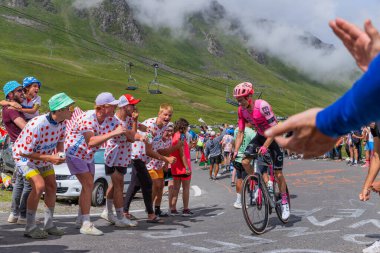 Col du Tourmalet, France: Neilson Powless climbig the road to Col du Tourmalet in Pyerenees mountains during the stage 6 of Le Tour de France 2023.