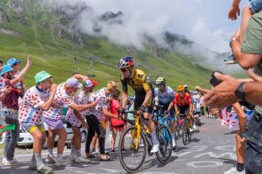 Col du Tourmalet, France: Wout van Aert climbig the road to Col du Tourmalet in Pyerenees mountains during the stage 6 of Le Tour de France 2023.