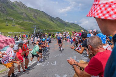Col du Tourmalet, France: Mathieu van der Poel climbig the road to Col du Tourmalet in Pyerenees mountains during the stage 6 of Le Tour de France 2023.