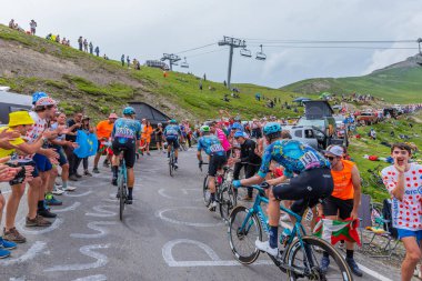 Col du Tourmalet, France: Mark Cavendish climbig the road to Col du Tourmalet in Pyerenees mountains during the stage 6 of Le Tour de France 2023.