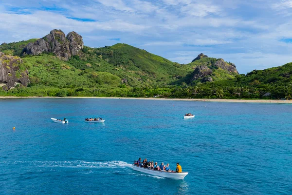 Nacula Fiji Tourist Boats Tropical Sandy Beach Nacula Island Yasawa — Stock Photo, Image