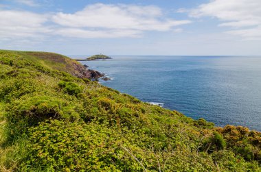 County Cork 'taki Ballycotton Deniz Feneri yakınlarındaki manzara İrlanda' daki iki siyah deniz fenerinden biridir.