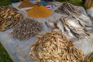 Myanmar 'daki Inle Gölü' nde bir markette kurutulmuş balık. Güneydoğu Asya