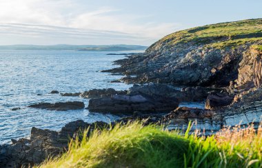 Güneşli bir bahar gününde Atlantik Okyanusu 'ndaki yeşil tepeler. Deniz kıyısında mavi gökyüzü. İrlanda kıyıları, Batı Cork.