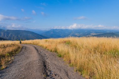 Asturias, İspanya: Camino de Santiago 'daki hacı (Saint James Yolu) dağlardaki sisli sabah ışığı arasında. Primitivo. Asturias, İspanya