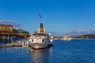 Cenevre, İsviçre: Cenevre Gölü 'nde tekneler. Geneva Gölü Alplerin kuzeyinde İsviçre ve Fransa arasında paylaşılan bir göldür..