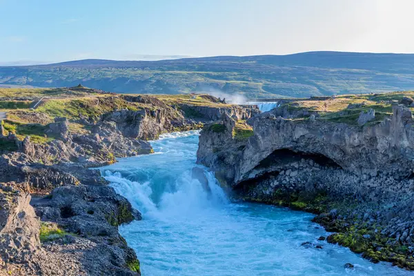 Годафосс Падает Летний Сезон Исландия Исландский Ландшафт Лицензионные Стоковые Фото