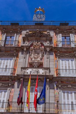 Madrid, Spain: Arquitecture detail in Plaza Mayor, Built in the 1617. Famous Square in Madrid Spain. clipart