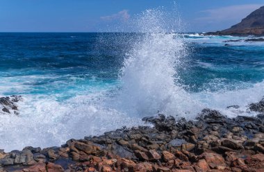 Las Palmas 'ın kıyısındaki El Confital plajı, La Isleta yarımadası. Büyük Kanarya, İspanya