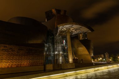 Bilbao, İspanya: Geceleri Bilbao Guggenheim Müzesi. Kanadalı-Amerikalı mimar Frank Gehry tarafından tasarlanmış bir modern ve çağdaş sanat müzesi..