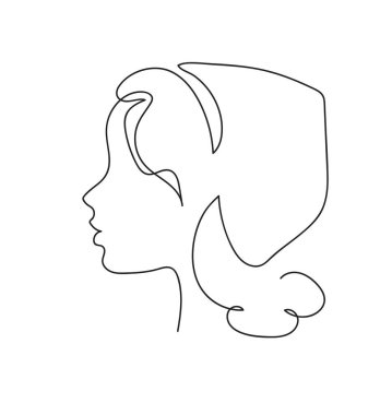 Girl profile with long hair in a hat. Portrait female beauty concept. Continuous line drawing vector illustration