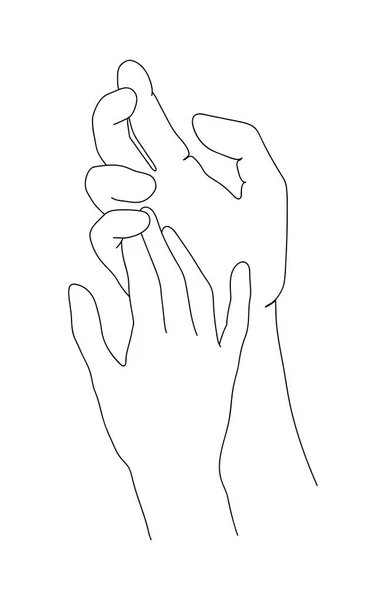 二本の手が一本の線画で触れる 男性と女性の手をつないで 愛とロマンスのサポートの概念 ベクターイラスト — ストックベクタ