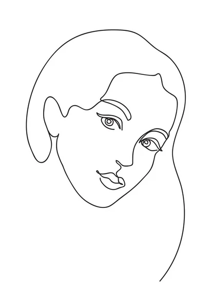 长发的胖胖的女孩 年轻女人的脸 女性形象美的概念 连续的单线绘图 黑白矢量图解 — 图库矢量图片