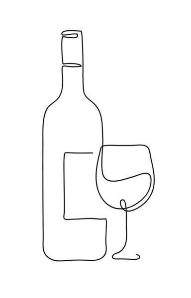 白を基調としたワインボトルとグラスアウトラインのシルエット 連続線画スタイル 手描きベクトルイラスト — ストックベクタ