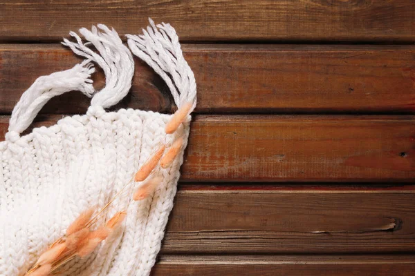 Winter Knitted White Scarf Wooden Background Plaid Warm Cozy Winter — ストック写真