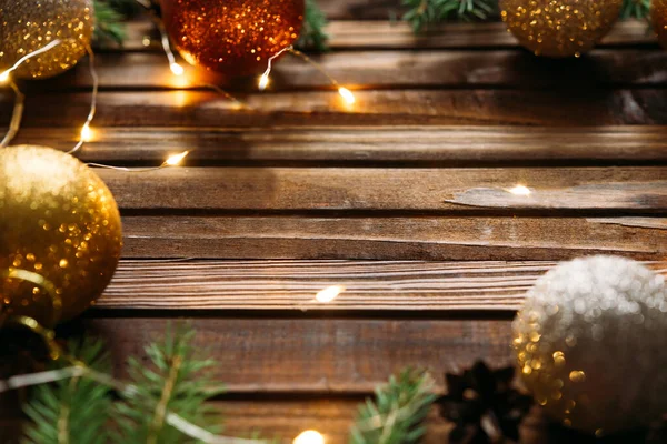 Fondo Navidad Con Abeto Decoración Tablero Madera Oscura — Foto de Stock