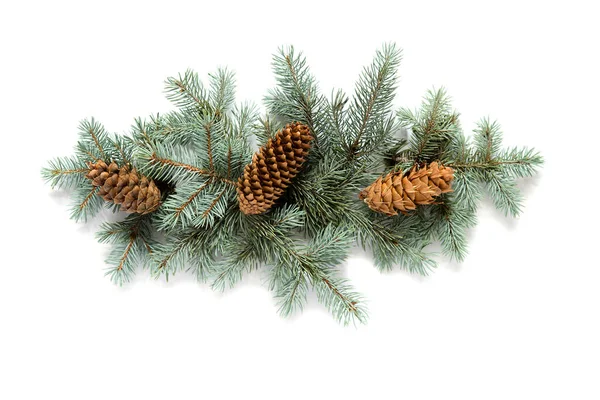 クリスマスツリーの枝 クリスマスのおもちゃや孤立したコピースペースと白い背景に松のコーンで作られたクリスマスフレーム — ストック写真