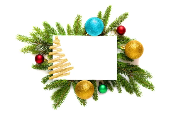 stock image Christmas frame made of Christmas tree branches, Christmas toys and pine cones on a white background with isolated copy space